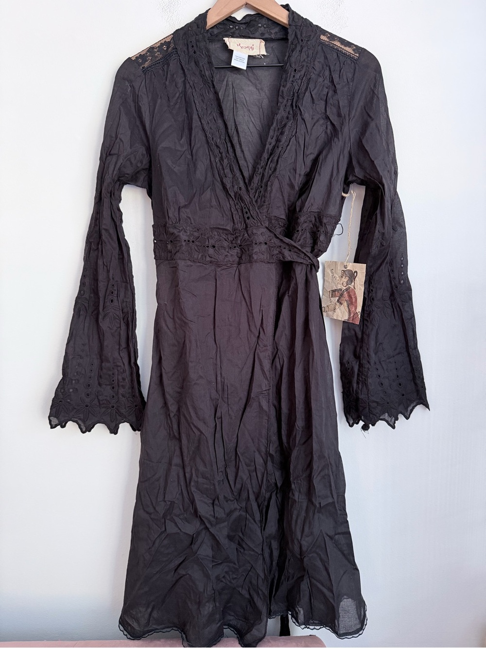 Korai Cotton midi wrap Dress black eyelet embroidery floral mesh M